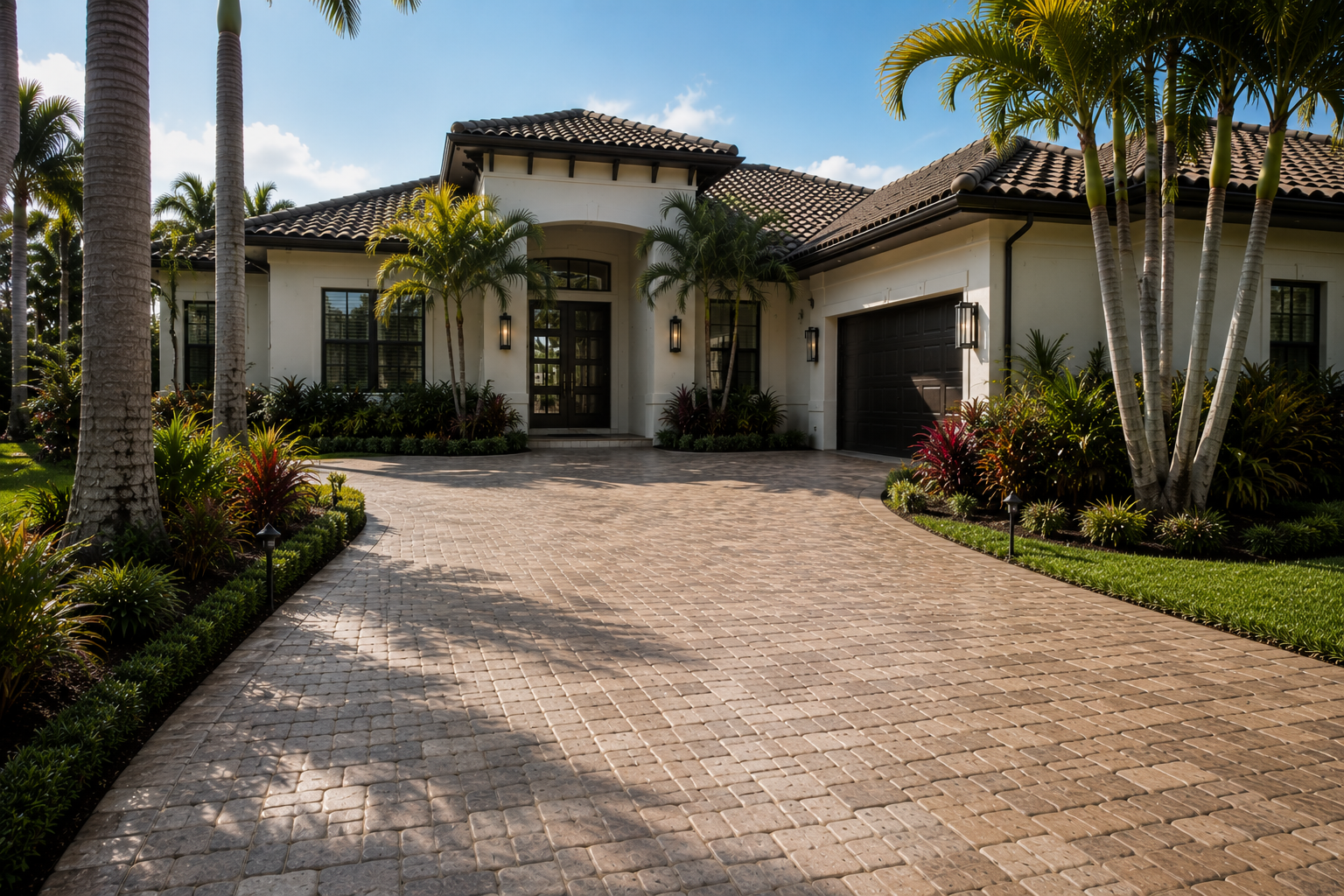 Luxury South Florida home with wide brick paver driveway, palm trees and tropical landscaping