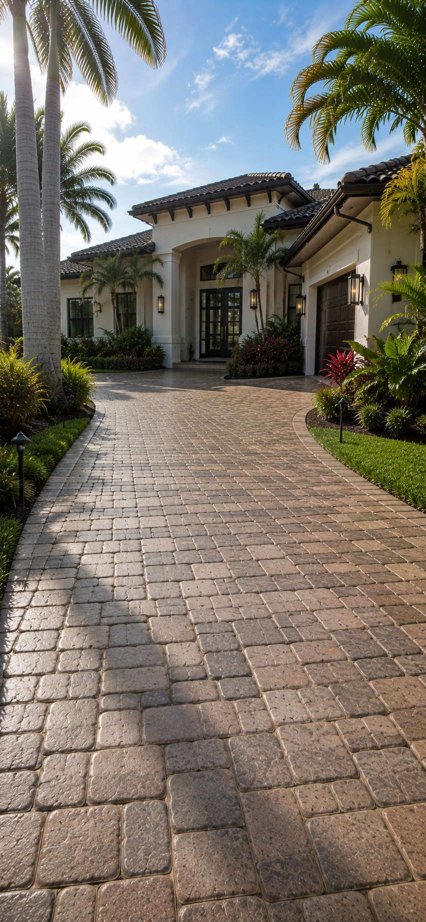Luxury South Florida home with brick paver driveway detail and palms